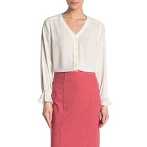 T Tahari Women's Button Front Long Sleeve Blouse $129 size S in ivory